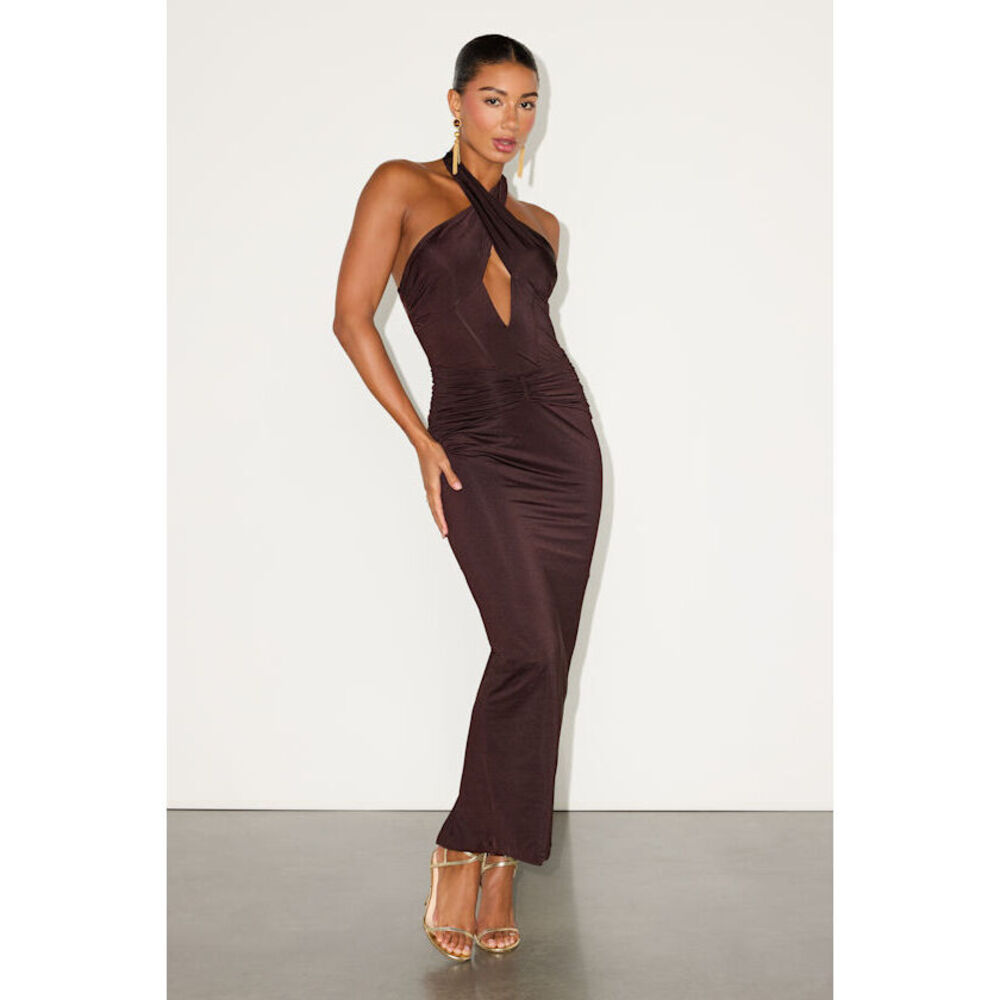 Lulus Tailynn Dark Brown Slinky Knit Cross-front Maxi Dress - Size S
